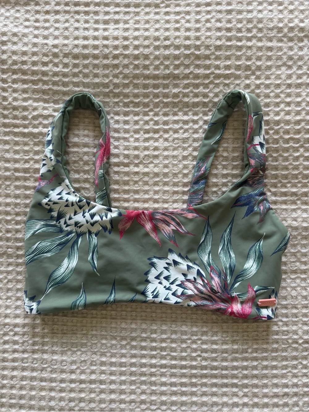 Roxy Olive Green Floral Bikini Top with Pink & White Accents